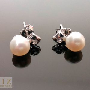 Pearl Stud Earrings 925 Sterling Silver Natural White Freshwater Pearl & Cubic Zirconia Stud Earrings Bridal Bridesmaids Gift