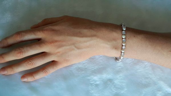 Pearl Bracelet Sterling Silver 925 Natural White Freshwater Pearl & Cubic Zirconia Bridal 7.5 inches