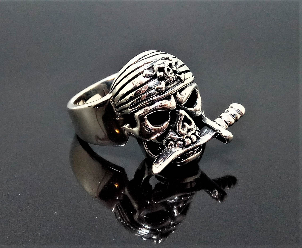 Pirate Skull 925 Sterling Silver Ring Pirate with Knife Exclusive Design  Biker rocker goth Heavy 18 Grams - ELIZ Jewelry and Gems