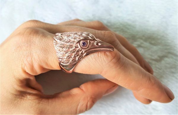 Raven STERLING SILVER 925 Ring AMETHYST Eyes Rose Gold Plating Exclusive Design Heavy Ring Totem Animal Talisman Sacred Spirit
