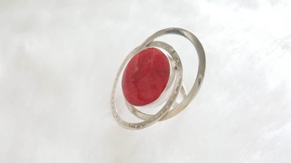 Natural Red Coral Sterling Silver 925 Ring Adjustable Size