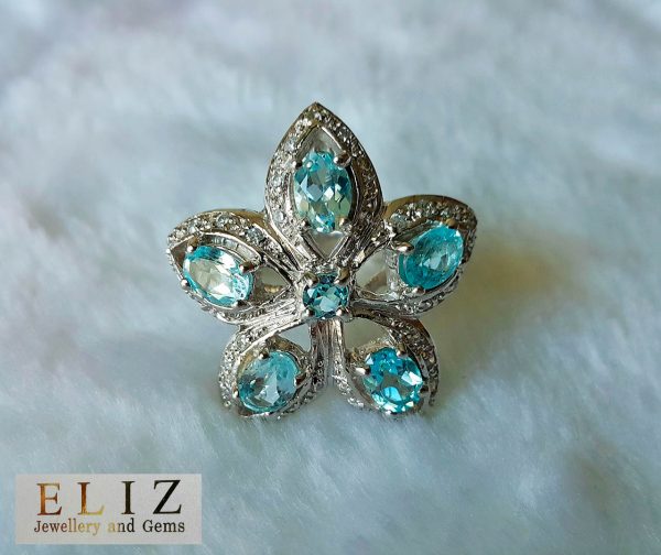 Sterling Silver 925 Flower Ring with Genuine Blue Topaz Size 8