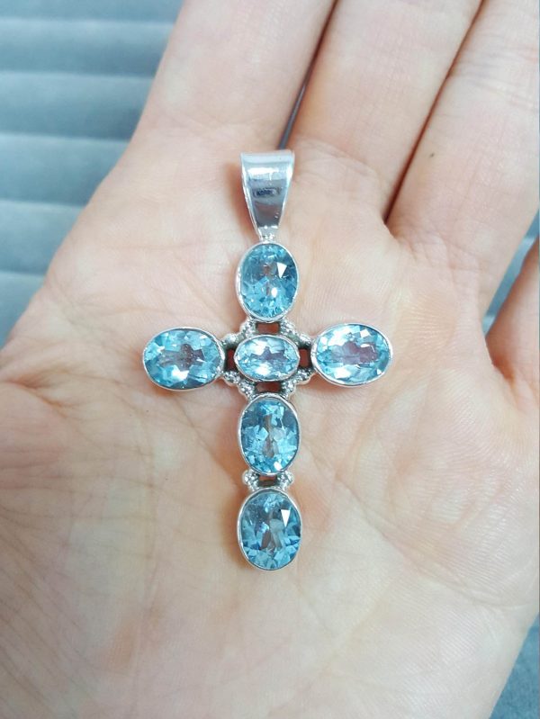 Cross 925 STERLING SILVER Pendant Genuine Blue Topaz Exclusive Gift