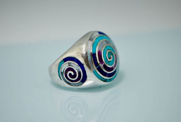 925 Sterling Silver Ring Spiral Khundilini Chakra Natural Lapis Turquoise Amethyst Mother of Pearl