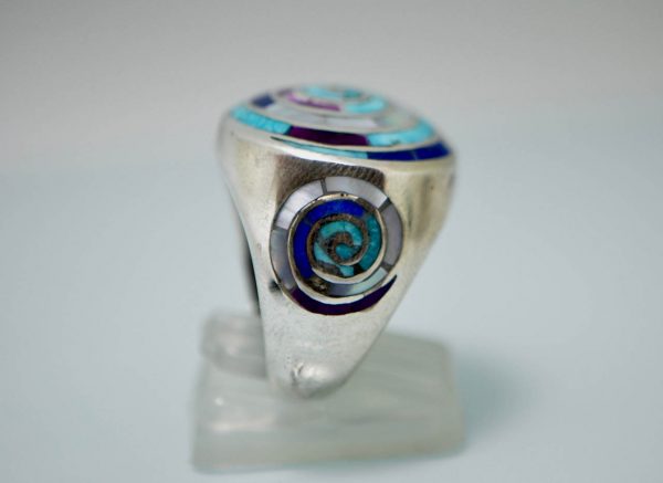 925 Sterling Silver Ring Spiral Khundilini Chakra Natural Lapis Turquoise Amethyst Mother of Pearl