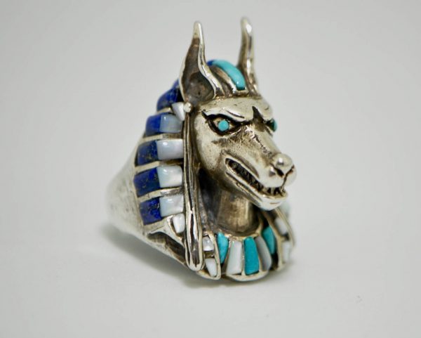 Anabis Ring 925 Sterling Silver Natural Turquoise, Lapis and Mother of Pearl Egyptian God Sacred Symbol Pharaoh