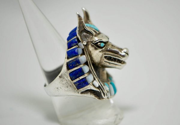 Anabis Ring 925 Sterling Silver Natural Turquoise, Lapis and Mother of Pearl Egyptian God Sacred Symbol Pharaoh