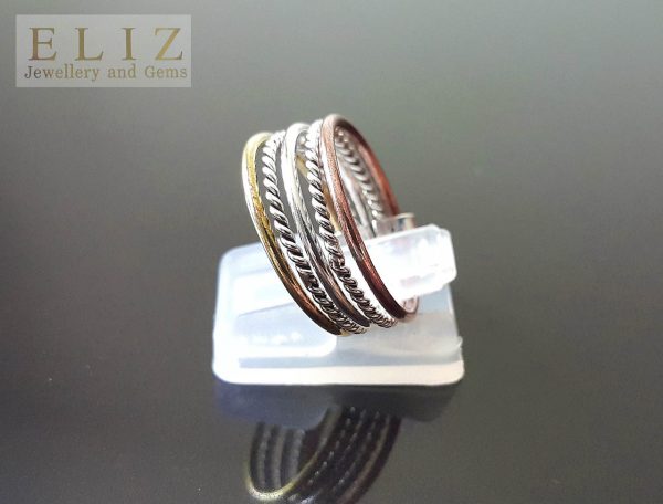 Stackable Set Of 7 Rings Tri Colored Set .925 Sterling Silver with mild Copper and Brass Accents Meditation Antistress