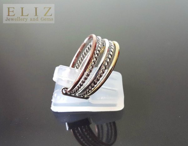 Stackable Set Of 7 Rings Tri Colored Set .925 Sterling Silver with mild Copper and Brass Accents Meditation Antistress