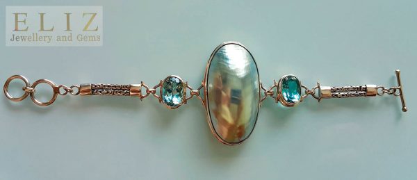 Shell Mother of Pearl Sterling Silver 925 Bracelet Genuine BLUE TOPAZ Natural Gemstone Exclusive Design 7.5 inches adjustable