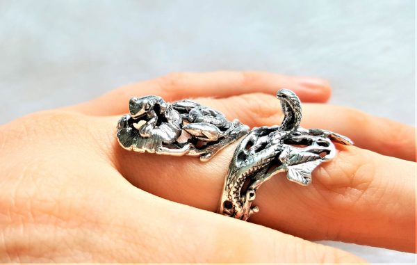 Snake Cobra hunting Frog STERLING SILVER 925 Ring Flower Leaves Nature Exclusive Design Adjustable Ring