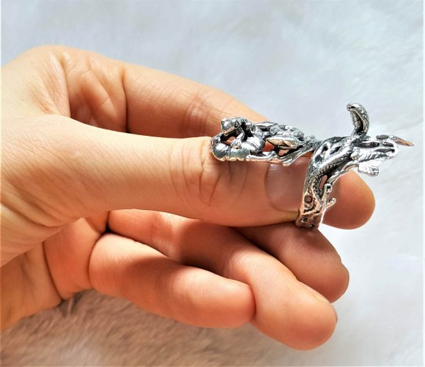 Snake Cobra hunting Frog STERLING SILVER 925 Ring Flower Leaves Nature Exclusive Design Adjustable Ring