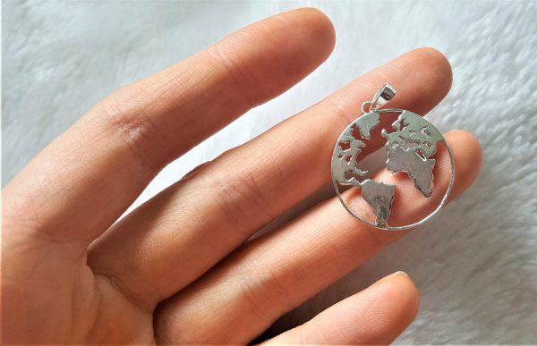 World MAP Pendant STERLING SILVER 925 Planet Earth Globe Geography Gift