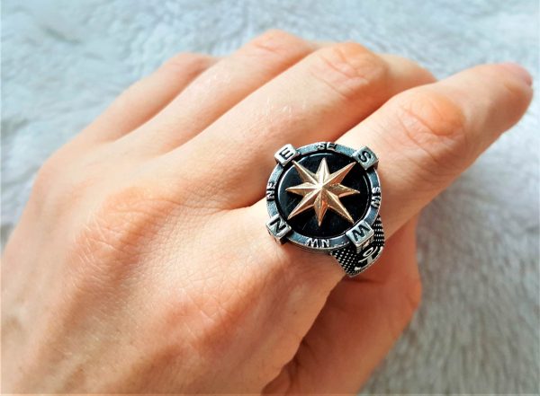 Compass 925 Sterling Silver RIng Wind Rose Nautical Sun Dial Wheel & Anchor North/South East/West Talisman