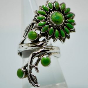 Sunflower Ring 925 Sterling Silver Flower Natural Green Turquoise Mohave SunFlower Sizable 7-11