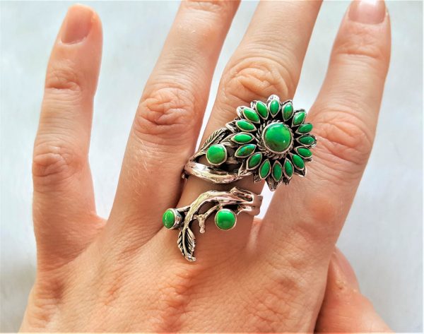Sunflower Ring 925 Sterling Silver Flower Natural Green Turquoise Mohave SunFlower Sizable 7-11