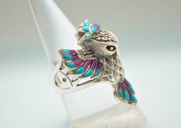 Owl Ring 925 Sterling Silver Symbol Of Wisdom Natural Turquoise, Purple Howlite Talisman Amulet Owl in a flight