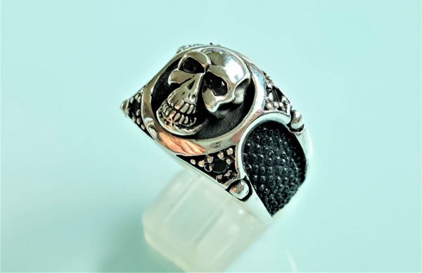 Skull STERLING SILVER 925 Ring SKULL Stingray Leather Black Onyx Natural Gemstone Biker Rock Punk Goth Exclusive Design 23.5 grams