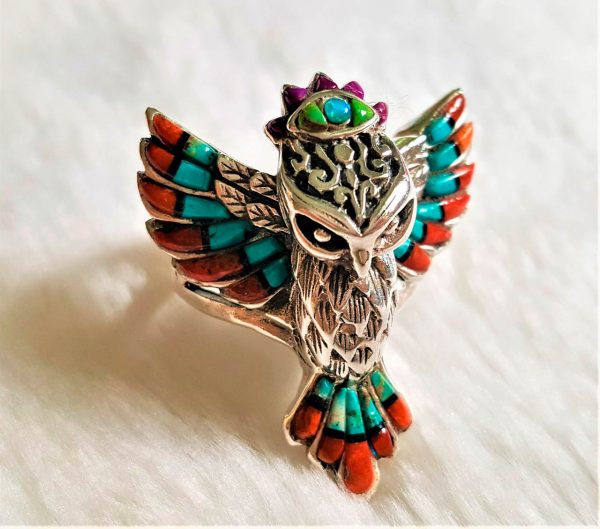 Owl in Flight 925 Sterling Silver Ring Greek mythology Sacred Symbol Wisdom Owl Spirit Animal Handmade Opal, Turquoise, Red Coral Mojave