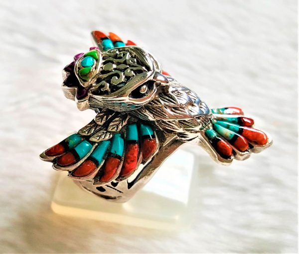 Owl in Flight 925 Sterling Silver Ring Greek mythology Sacred Symbol Wisdom Owl Spirit Animal Handmade Opal, Turquoise, Red Coral Mojave
