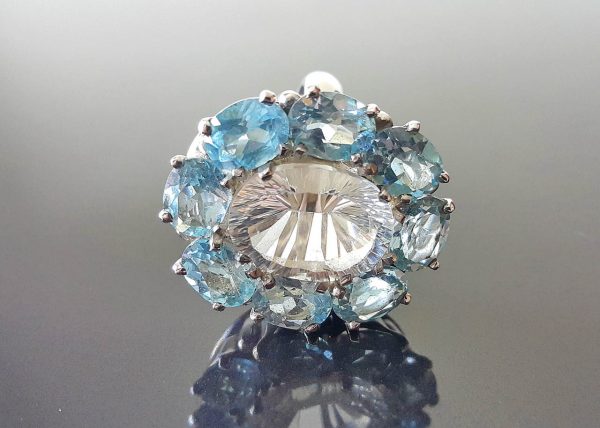 Flower Sterling Silver 925 Ring Genuine Blue Topaz & Natural Crystal Quartz Flower Handmade 20 g