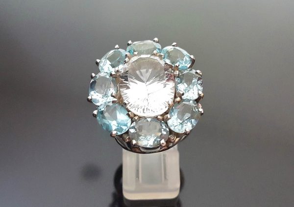 Flower Sterling Silver 925 Ring Genuine Blue Topaz & Natural Crystal Quartz Flower Handmade 20 g
