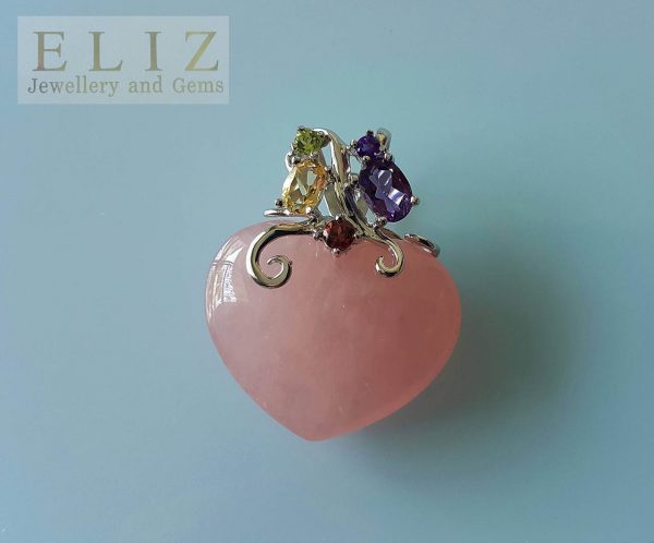 Eliz 925 Sterling Silver Natural ROSE Quartz Heart/LOVE Pendant with Genuine Precious Pridot, Garnet, Amethyst Citrine Exclusive Gift
