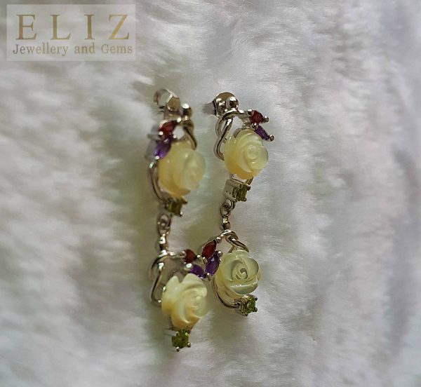 Roses Earrings Sterling Silver 925 Stud Earrings Mother of Pearl Roses Genuine Garnet Amethyst Peridot
