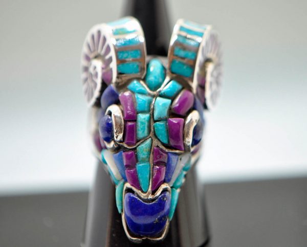 Ram Head Skull 925 Sterling Silver Biker Ring Genuine Turquoise Purple Howlite Lapis Unique Handcrafted