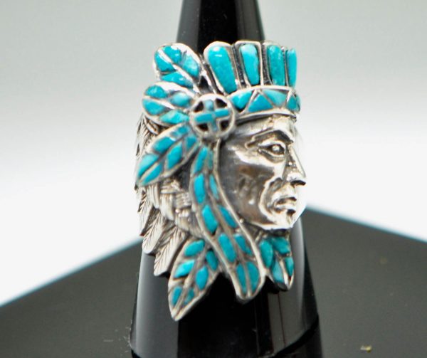 Native American Tribal Chief 925 Sterling Silver Ring Natural Turquoise American Indian Profile