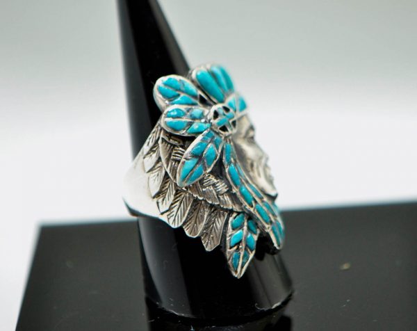 Native American Tribal Chief 925 Sterling Silver Ring Natural Turquoise American Indian Profile