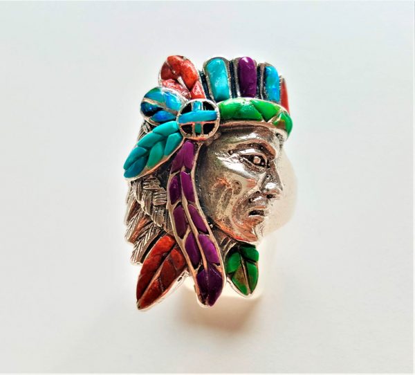 Native American 925 Sterling Silver Ring American Red Indian Tribal Chief Profile Coral Turquoise Mojavee Opal Gemstones Exclusive Design Handmade