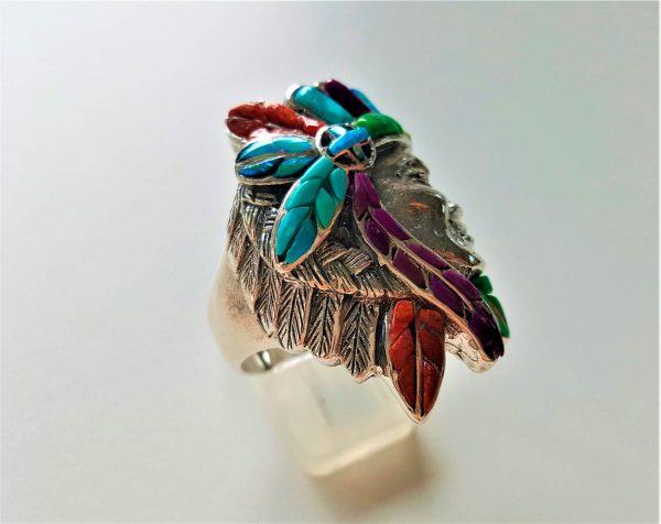 Native American 925 Sterling Silver Ring American Red Indian Tribal Chief Profile Coral Turquoise Mojavee Opal Gemstones Exclusive Design Handmade