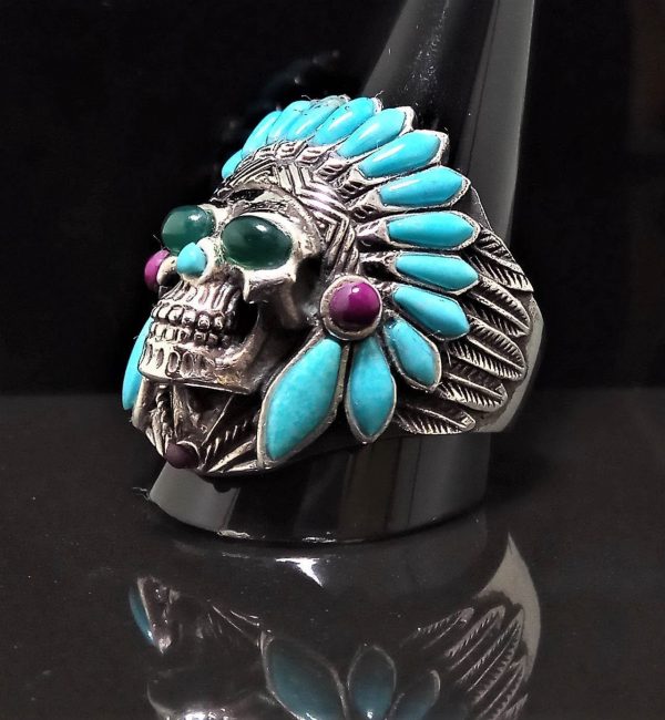 Skull American Indian Sterling Silver 925 Tribal Chief Warrior Natural TURQUOISE, Green Agate Eyes Ring Spirit Amulet Talisman