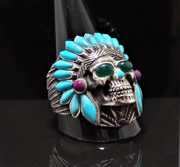 Skull American Indian Sterling Silver 925 Tribal Chief Warrior Natural TURQUOISE, Green Agate Eyes Ring Spirit Amulet Talisman