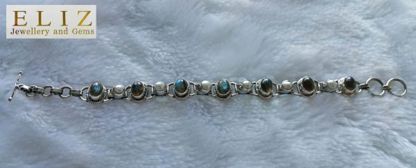 Sterling Silver 925 Bracelet Genuine Labradorite & Pearls NATURAL Gemstone Adjustable 8 inches