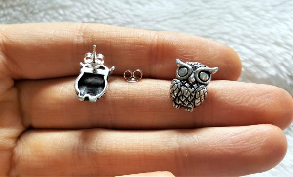 Owl Stud Earrings STERLING SILVER 925 Bird Symbol of Wisdom and Feminity Talisman Amulet