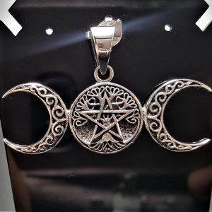 Triple Moon Goddes Sterling Silver 925 Pendant Pentagram Star Pagan Wiccan Star Crescent Moon Celestial Occult Talisman Amulet