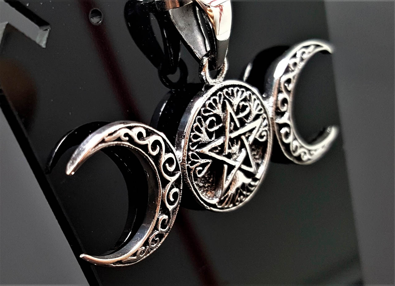 Sterling Silver Sun Pentagram & Moon Eclipse Silver Necklace