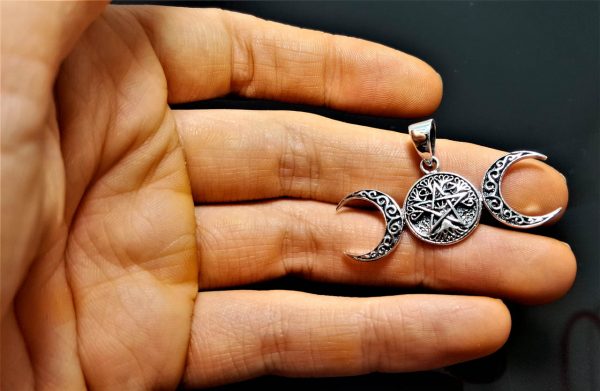 Triple Moon Goddes Sterling Silver 925 Pendant Pentagram Star Pagan Wiccan Star Crescent Moon Celestial Occult Talisman Amulet