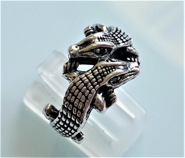 Sterling Silver Crocodile Ring Alligator Gemini Black Onyx