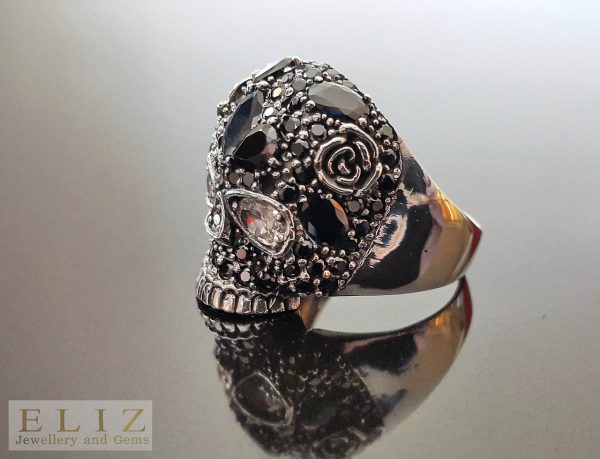 SKULL 925 Sterling Silver Ring Black&White Diamond Cut Cubic Zirconia Skull Biker Punk Goth Rocker