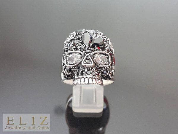 SKULL 925 Sterling Silver Ring Black&White Diamond Cut Cubic Zirconia Skull Biker Punk Goth Rocker