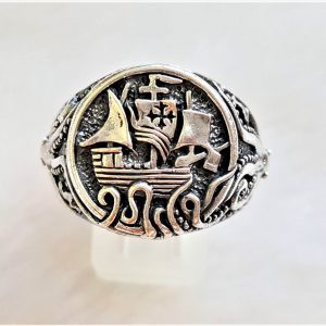 Drakkar 925 Sterling Silver Ring Viking Ship Octopus Scandinavian Pagan Sacred Symbols Talisman Protective Amulet Norse Viking