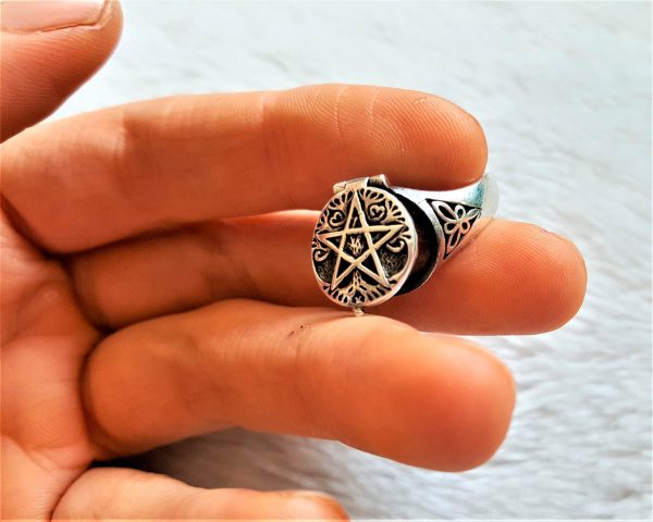 Penatcle 925 Sterling Silver Ring Locket Pentagram Star Sacred Symbols Talisman Protective Amulet Occult Secret Compartment