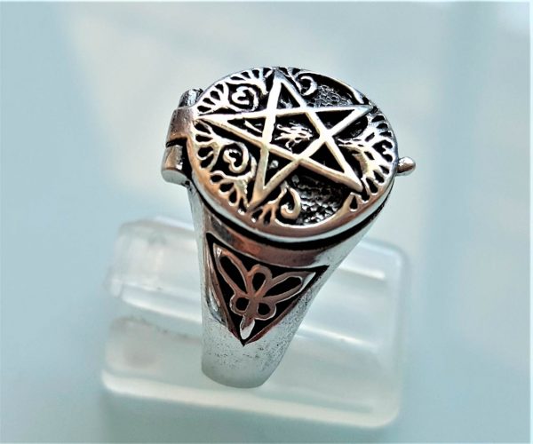 Penatcle 925 Sterling Silver Ring Locket Pentagram Star Sacred Symbols Talisman Protective Amulet Occult Secret Compartment