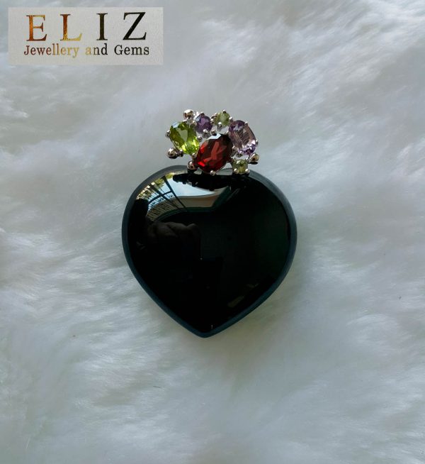 Black Onyx Heart Sterling Silver 925 Pendant & Garnet Peridot Amethyst Natural Gemstones Talisman Love Amulet