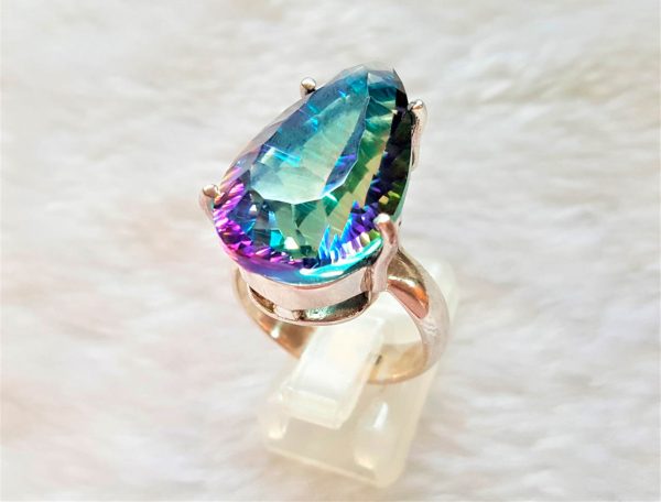Sterling Silver 925 Mystic Quartz Ring Natural Gemstone Huge Pear Shape Mysterious Gem