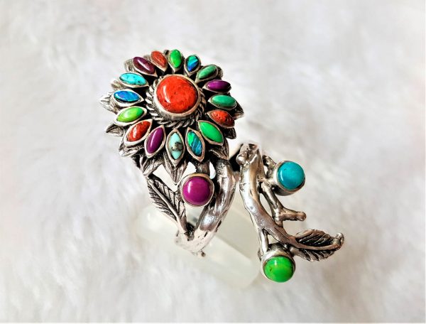 Sunflower 925 Sterling Silver Ring Flower Natural Opal Turquoise Coral Green Mohave SunFlower Size Adjustable