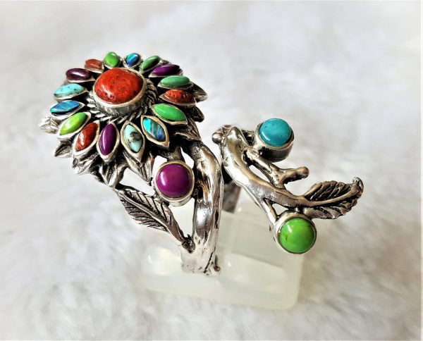 Sunflower 925 Sterling Silver Ring Flower Natural Opal Turquoise Coral Green Mohave SunFlower Size Adjustable
